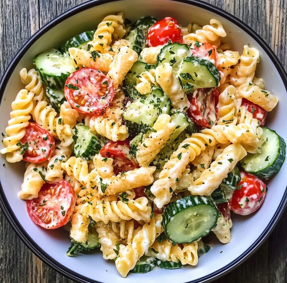Creamy Tomato Cucumber Pasta Salad