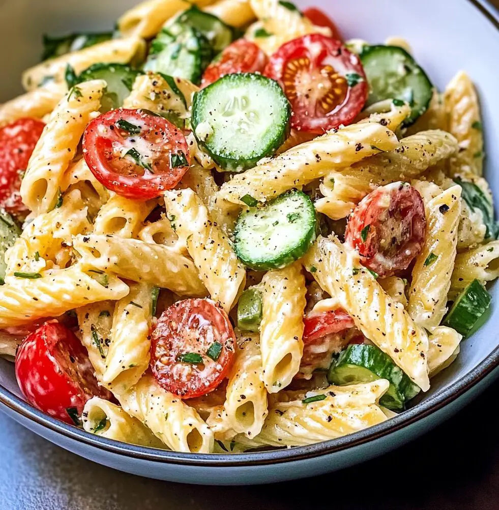 Creamy Tomato Cucumber Pasta Salad