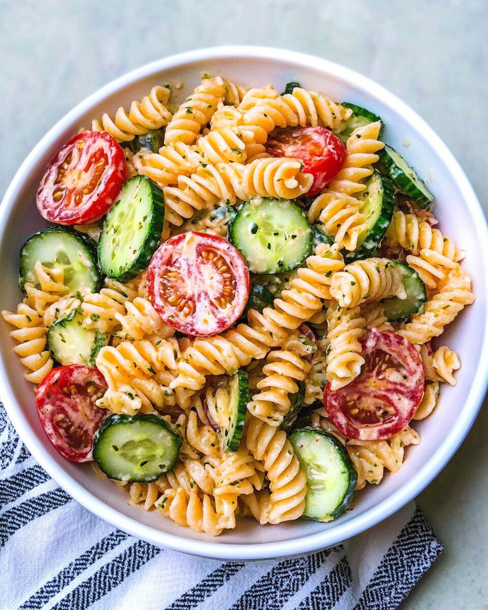 Creamy Tomato Cucumber Pasta Salad