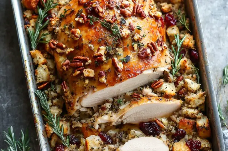 Sheet Pan Herb Roasted Turkey and Cranberry Pecan Stuffing