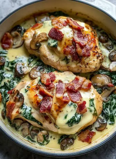 Smothered Chicken with Creamed Spinach, Bacon, and Mushrooms