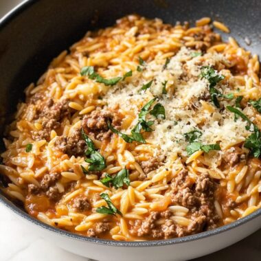 Cheesy Ground Beef Orzo Skillet
