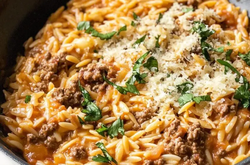 Cheesy Ground Beef Orzo Skillet