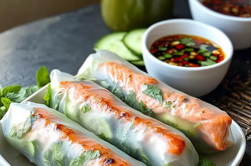 Vietnamese Baked Salmon Spring Rolls